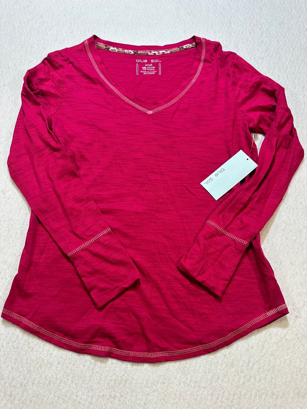Blue Sol Women’s Small Pink V-Neck Long Sleeve Top Slub Knit Casual Boho NWT